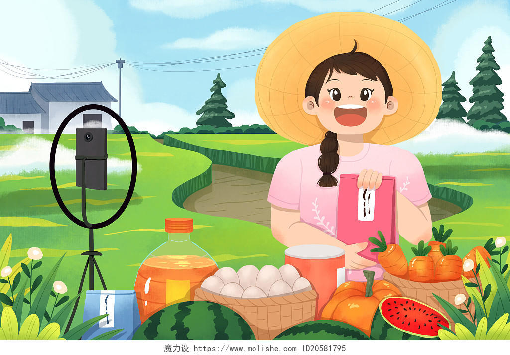 卡通女孩农民户外农业直播助农插画乡村振兴发展